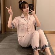韩版丝绸睡衣女士春夏季短袖长裤两件套装薄款真丝性感冰丝家居服