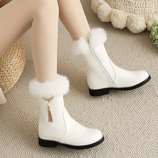 兔毛侧拉链短靴保暖雪地女靴低跟短筒靴冬季棉鞋平跟中靴