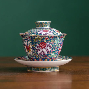 珐琅彩盖碗茶杯套装大号三才盖碗单个陶瓷泡茶碗壶承功夫茶具茶托