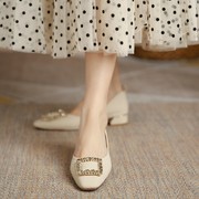 韩版经典方头浅口水钻方扣法式粗跟中跟单鞋气质通勤OL职业女鞋子