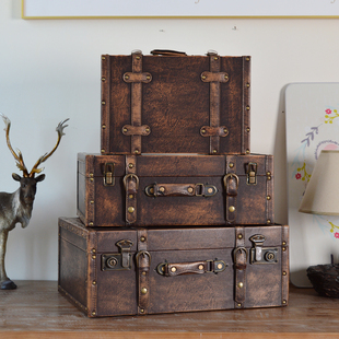 欧式复古手提箱储物木，箱子衣服收纳箱老式皮箱，旅行摄影道具整理箱