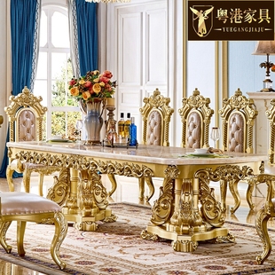 欧式大理石餐桌美式大别墅实木雕花可伸缩方桌会所家用超长西餐桌