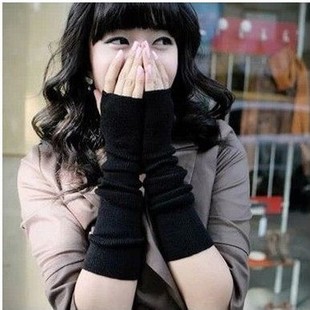 韩版女士半指手套条纹纯色，露指毛线针织护袖套秋冬季长款手臂防冷