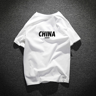 中国国潮牌字母宽松短袖，t恤纯色男纯棉半袖体恤圆领夏季复古原创