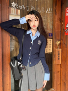 藏蓝色拼接刺绣假两件polo领衬衫女秋学院风开衫修身显瘦短款上衣