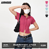 AIRHOOD 玫红色火龙果V领辣妹T恤短袖小众短款正肩针织露脐上衣女