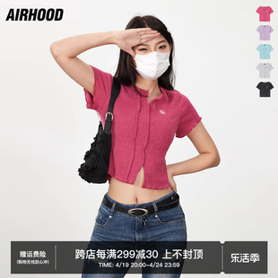 airhood玫红色火龙果v领辣妹t恤短袖小众，短款正肩针织露脐上衣女