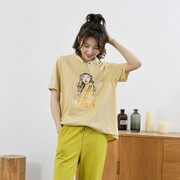 夏季韩版女直筒t宽松中长款连帽纯棉黄色印花轻熟休闲短袖T配设计