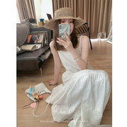 法式刺绣白色连衣裙女夏季高腰宽松显瘦气质中长款抹胸吊带裙
