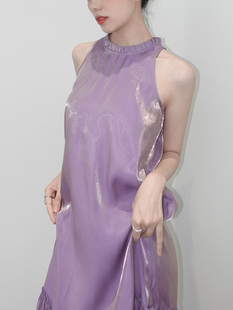 若浓「圆舞」系列流光，淡紫色仙女人鱼姬无袖，法式花边吊带度假长裙