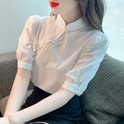 中国风复古盘扣立领上衣女夏装气质修身显瘦白色小衫短袖衬衫