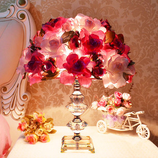 卧室床头灯结婚布艺花朵水晶台灯，调光温馨浪漫玫瑰婚房婚庆台灯