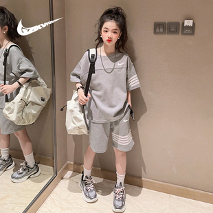 耐克顿女童短袖套装2024运动两件套中大童洋气韩版休闲夏装潮