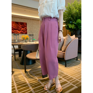 takiyas莓紫色纯棉，休闲哈伦裤女夏季高腰直筒，显瘦西装裤九分裤