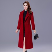 红色双面羊毛呢大衣女长款过膝2023秋冬中年妈妈双面羊绒外套