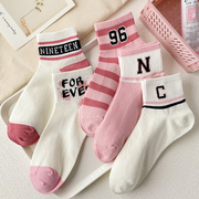 粉色袜子女短袜ins潮夏季薄款运动袜字母条纹，短筒低帮纯棉船袜