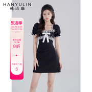 韩语琳裙子女夏季泡泡袖连衣裙黑色方领短袖撞色高腰花边蕾丝短裙