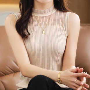 2023春季欧根纱花边领精纺，柔软绵羊毛背心，无袖打底衫女内搭