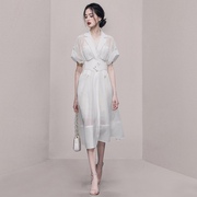 夏季女装2023气质法式白色收腰显瘦风衣连衣裙纱裙长裙裙子女