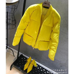 欧洲站冬装女2023欧货面包服韩版修身黄色，短款轻薄羽绒服外套