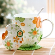 杯子陶瓷马克杯早餐杯牛奶杯，创意咖啡杯带盖勺情侣，骨瓷水杯茶水杯