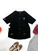 纽扣开衫式短袖t恤黑色美式复古圆领纯棉，棒球衫运动宽松上衣外套