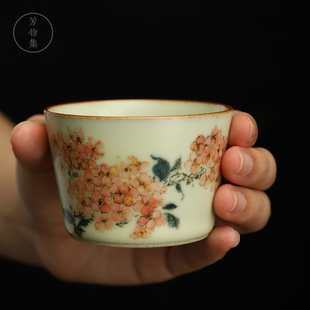 景德镇手工秘黄釉主人杯手绘釉下彩绣球杯中式复古茶杯陶瓷品茗杯