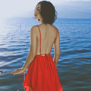夏季马尔代夫沙滩裙海边度假韩版超仙，性感露背吊带雪纺连衣裙短裙