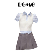 假两件拼接针织条纹短袖衬衫，女夏季学院风百褶半身短裙两件套