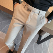 秋冬季垂顺西裤男修身商务正装，直筒浅灰色，条纹西装休闲长裤子厚款