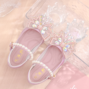 儿童蝴蝶结公主鞋甜美粉色，小女孩水钻单鞋闪亮银色女童水晶高跟鞋