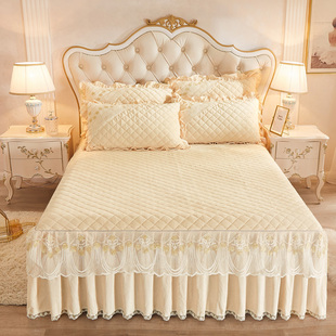 冬季牛奶绒夹棉床裙三件套水晶绒加厚床罩单件蕾丝床套床盖珊瑚绒