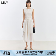 LILY2024夏温柔米色复古飘逸气质通勤微光无袖高腰连衣裙长裙