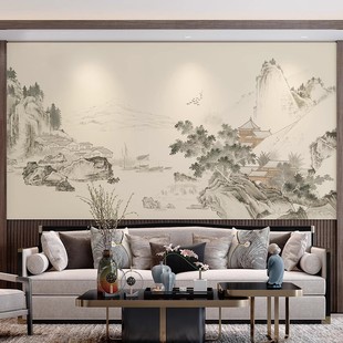 现代中式客厅茶室定制壁画意境，淡雅水墨山水电视沙发背景墙纸壁布