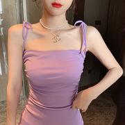 衣服女2024夏装，韩版女装性感褶皱，修身抹胸紫色吊带连衣裙3935