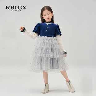 RBIGX瑞比克童装冬季女童设计感百搭休闲丝绒短袖连衣裙