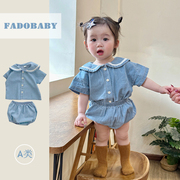 韩版ins童装婴幼儿衣服女海军，领两件套夏季牛仔，柔软短袖小童套装