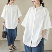 胖mm大码棉麻白色衬衫，女短袖2023夏季宽松显瘦设计感休闲工装衬衣