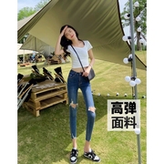 破洞牛仔裤女夏季薄款修身紧身小脚，裤韩国chic时尚牛仔蓝九分裤潮