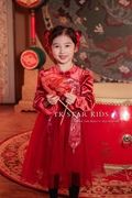 中国风女童红色拼接连衣裙儿童加绒红色拜年服新中式改良女宝年服