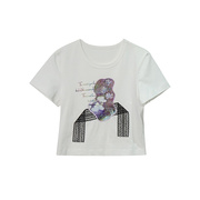 S1143抽象几何花朵蕾丝印花T恤女短款小清新时尚上衣短袖春夏