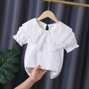 童装2023女童短袖t恤夏季洋气纯棉衣服儿童夏装白色娃娃领t恤