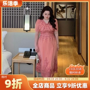 GLEC大码女装2024夏季高端重工刺绣高级感胖mm气质优雅连衣裙