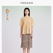 vgrass氧气减龄小上衣夏季黄色丝棉，短袖衬衫女vsx3o21320