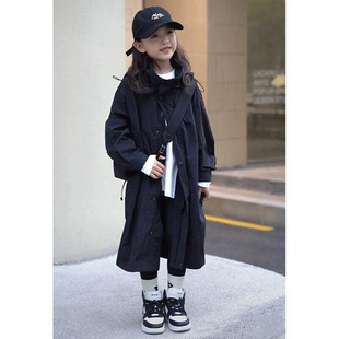 韩版男女童2023春秋季儿童黑色中长款连帽风衣外套休闲上衣潮