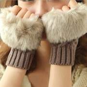 韩版秋冬保暖手套女士半指手套，毛绒加厚针织手套，露指触屏手套~