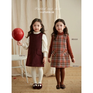 sonnykids女童小众格子夹棉背心，裙气质羊毛，酒红色圆领连衣裙冬季