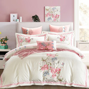 中式床品 纯棉i四件套白色粉色床单式4件套刺绣被套高档床上用品