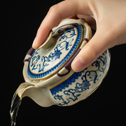 汝窑青花缠枝莲盖碗茶杯单个高档防烫手陶瓷手抓壶茶具一人泡茶杯