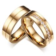 couple ring简约钛钢情侣戒指对戒电镀金色戒指镶锆石饰品 CR-054